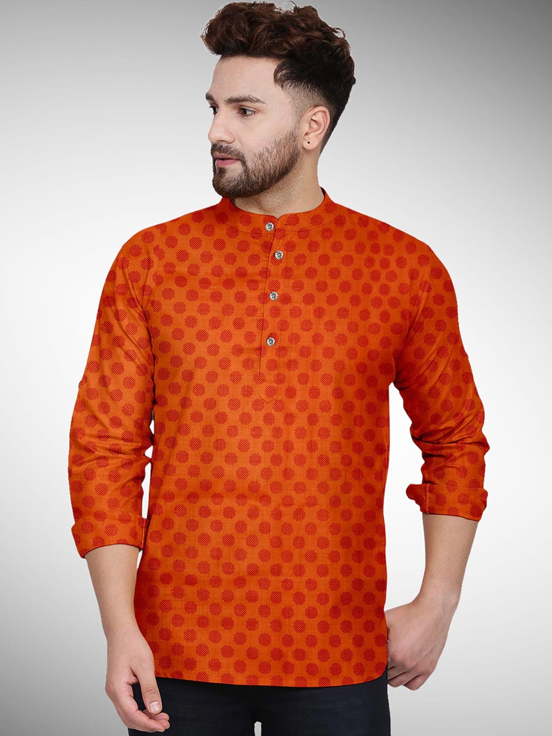 

Fashion FRICKS Printed Cotton Silk Mandarin Collar Straight kurta, Orange