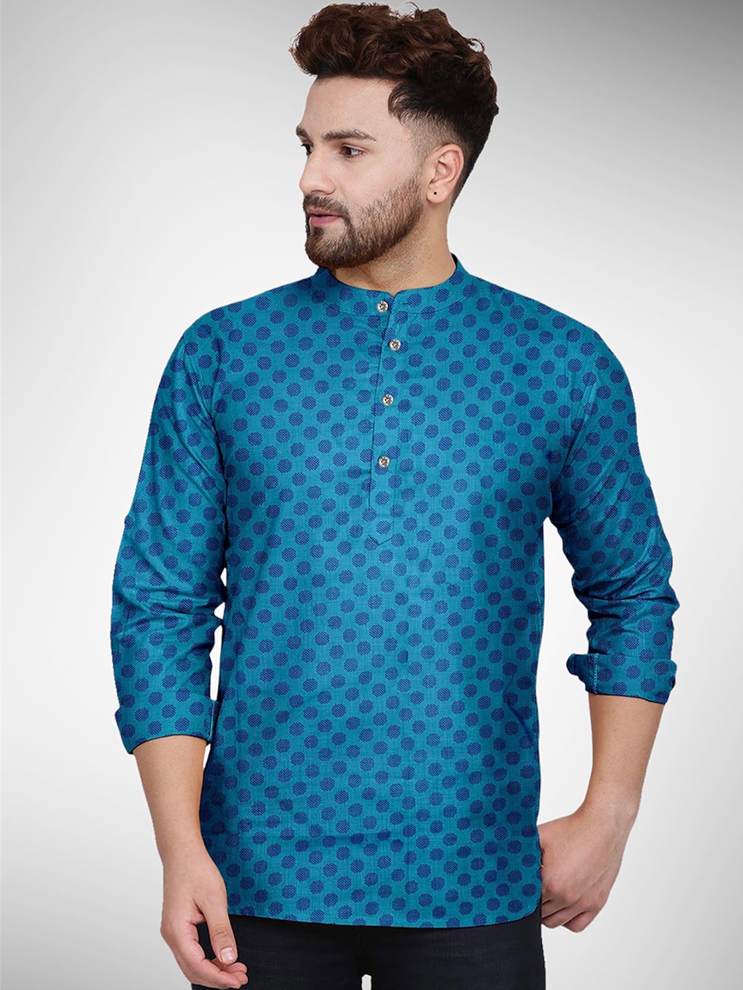 

Fashion FRICKS Men Blue Geometric Jacquard Kurta