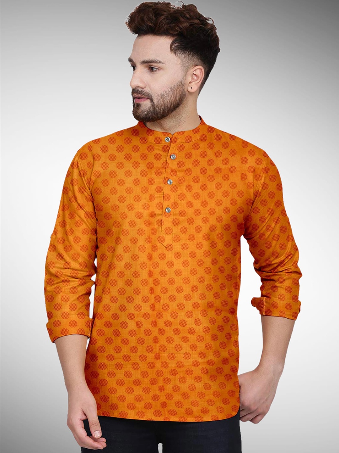 

Fashion FRICKS Men Mustard Yellow Geometric Thread Work Jacquard Kurti