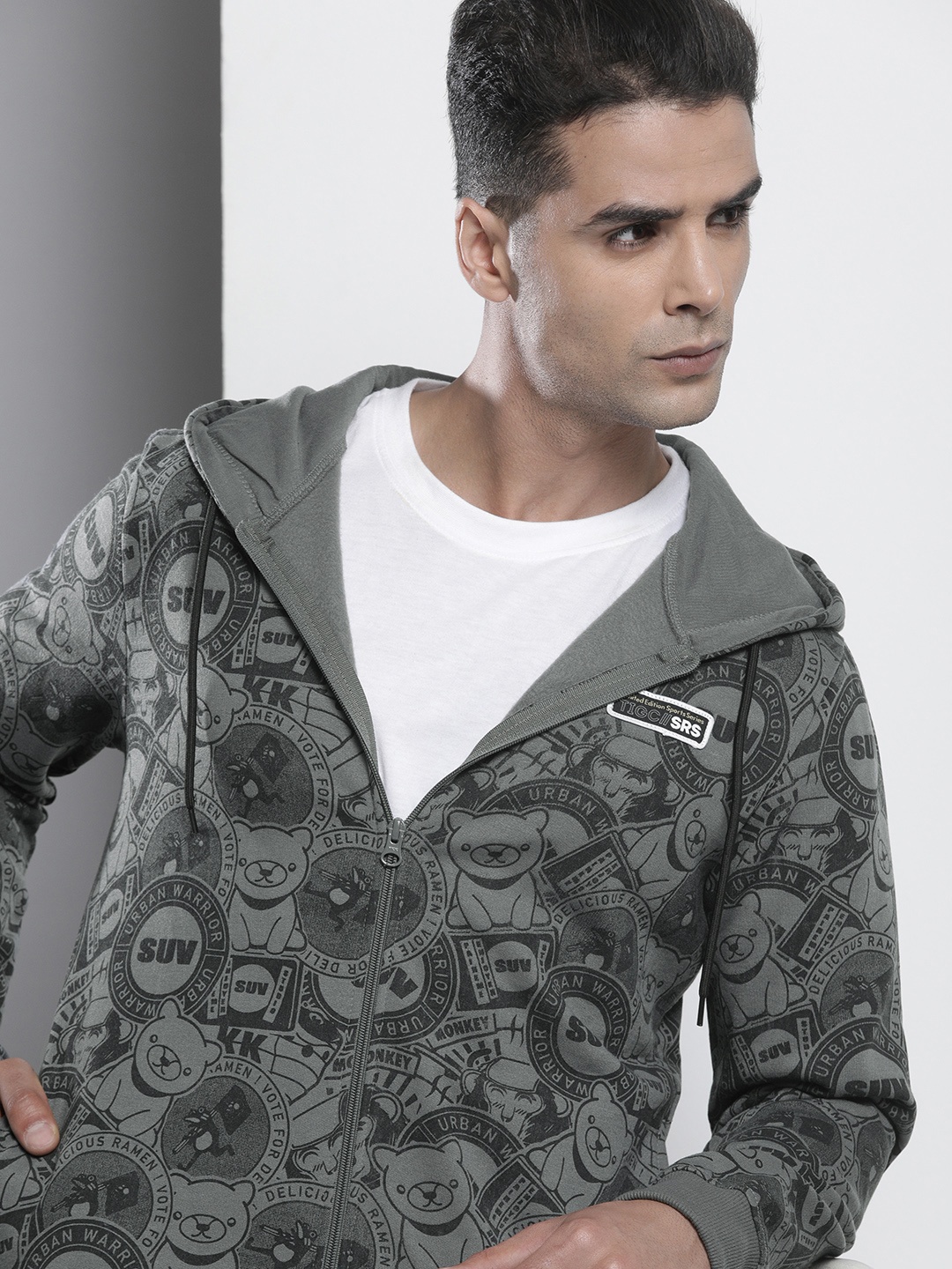 

The Indian Garage Co Men Charcoal Grey Printed Hooded Sweatshirt