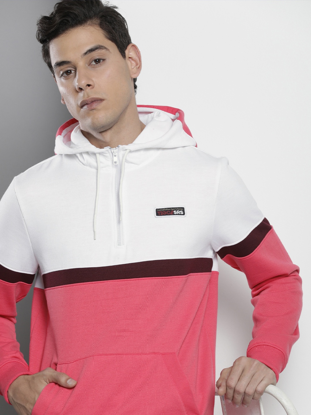 

The Indian Garage Co Men Pink & White Colourblocked Hooded Sweatshirt