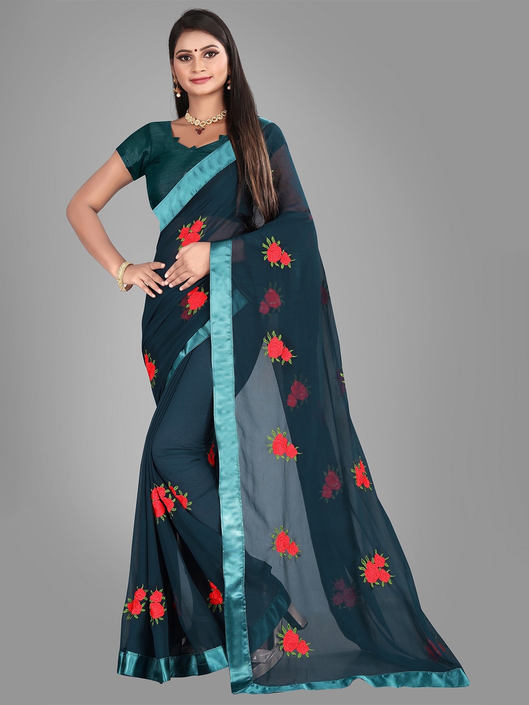 

JSItaliya Green & Red Floral Patchwork Pure Georgette Saree