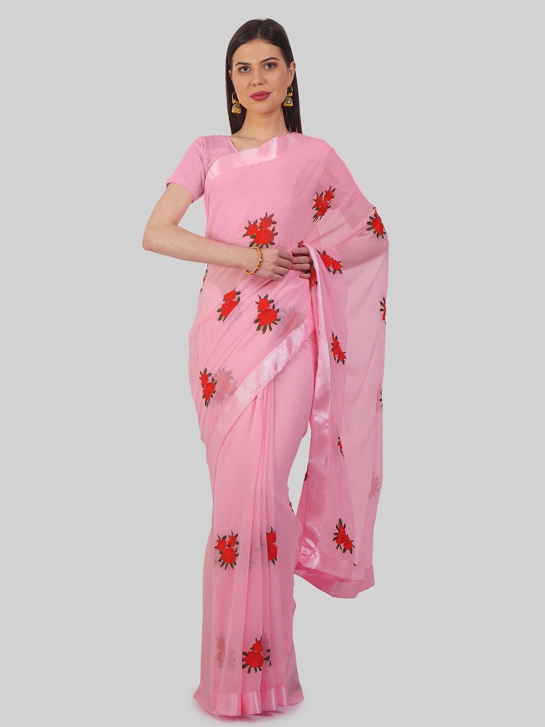 

JSItaliya Pink & Red Floral Patchwork Pure Georgette Saree