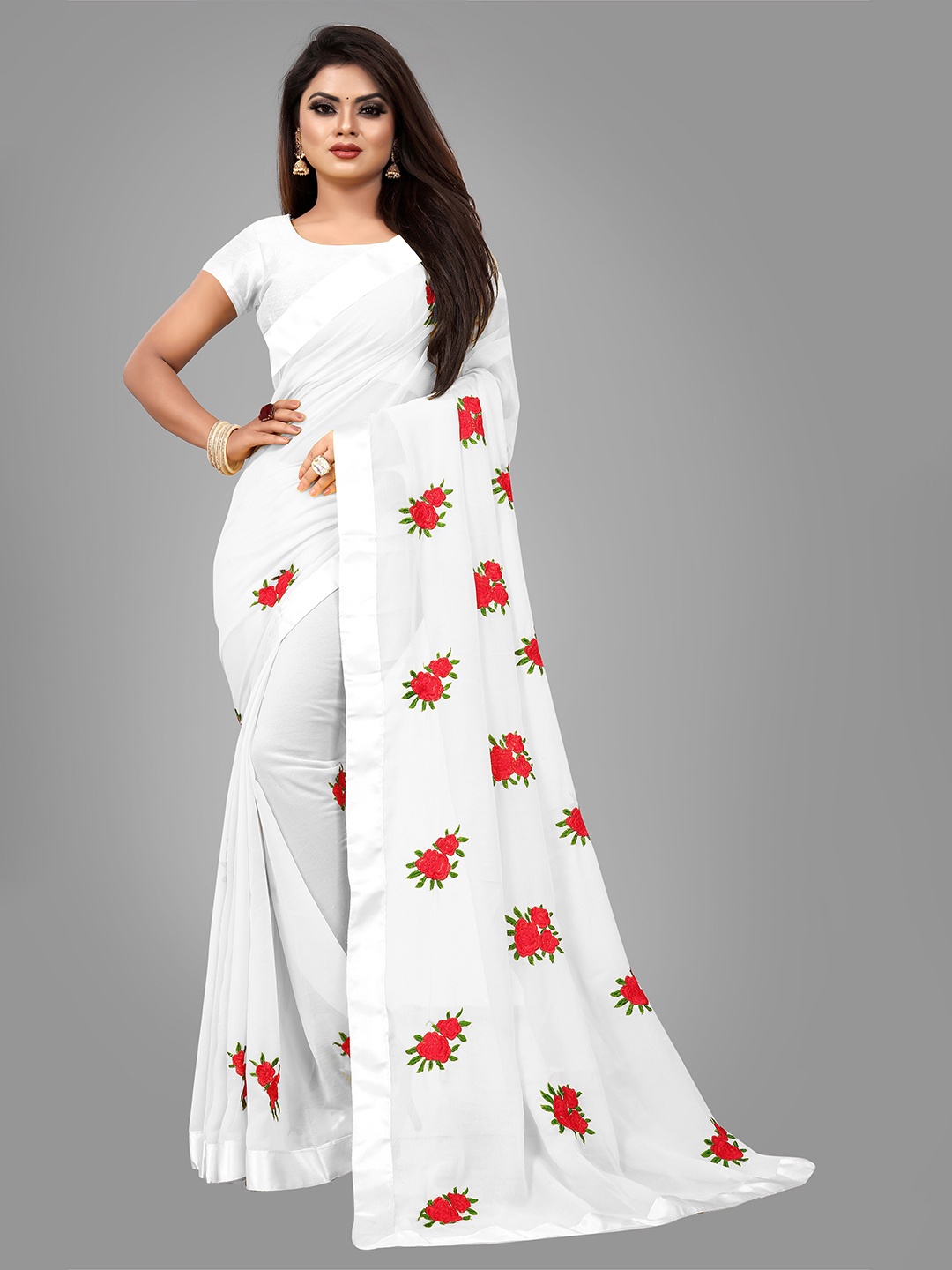 

JSItaliya White & Red Floral Patchwork Pure Georgette Saree
