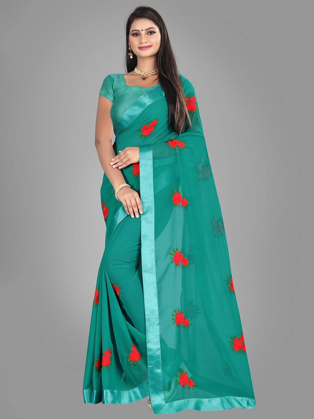 

JSItaliya Green & Red Floral Patchwork Pure Georgette Saree