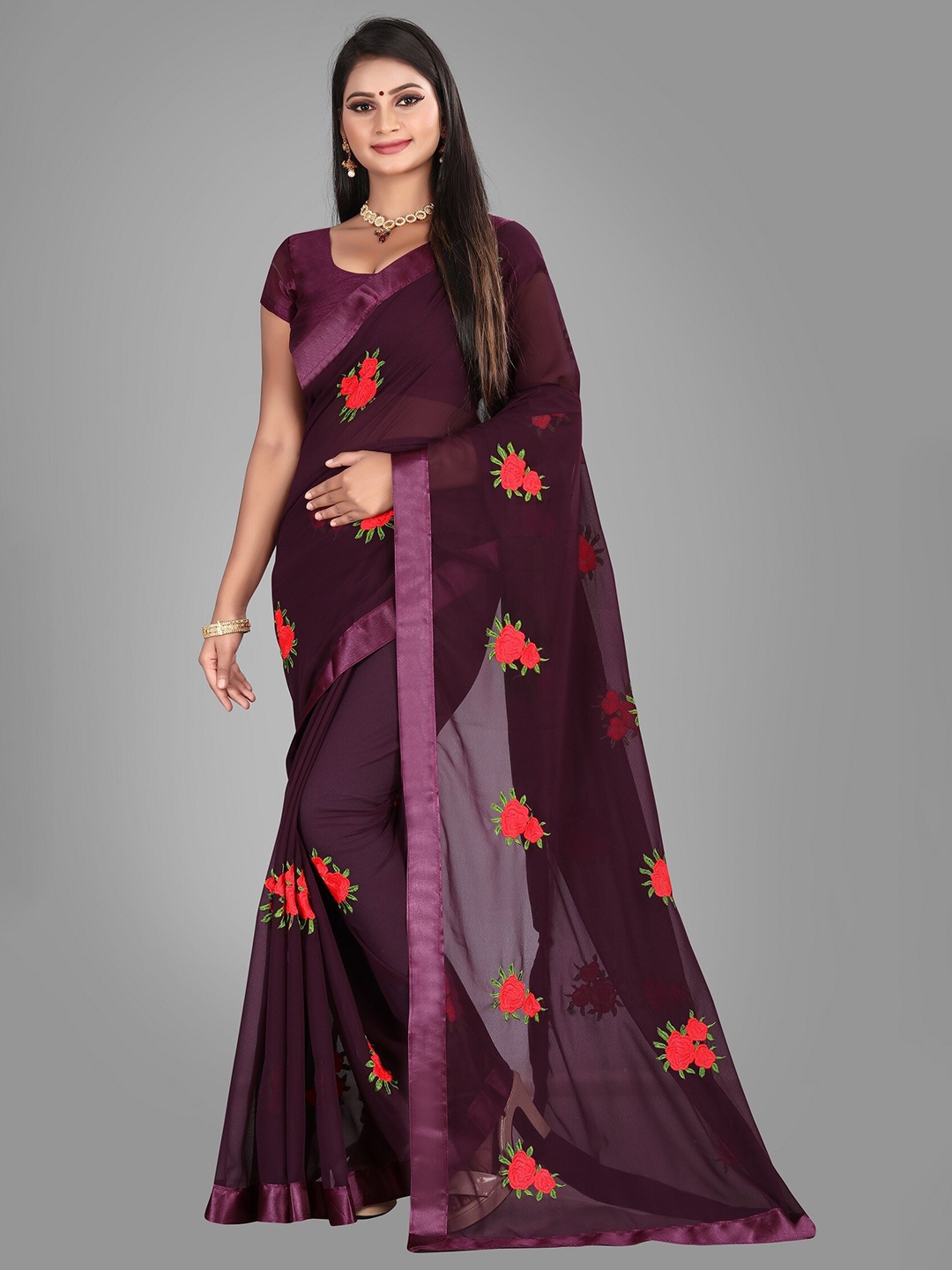 

JSItaliya Purple & Red Floral Pure Georgette Saree