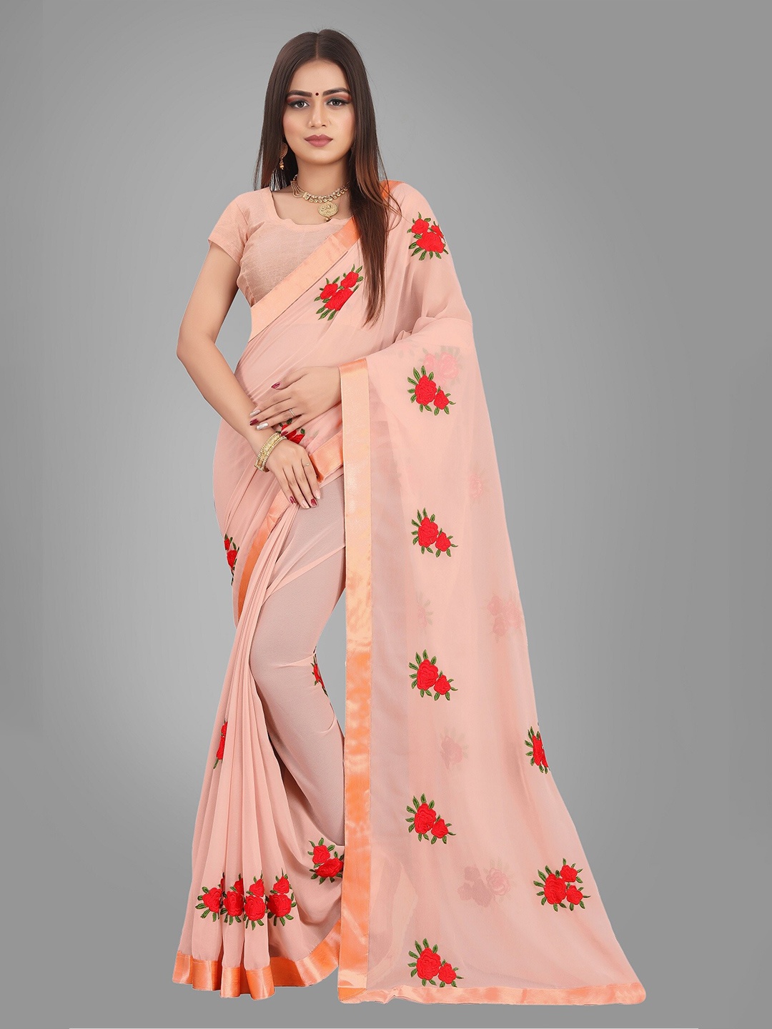 

JSItaliya Peach-Coloured & Red Floral Patchwork Pure Georgette Saree