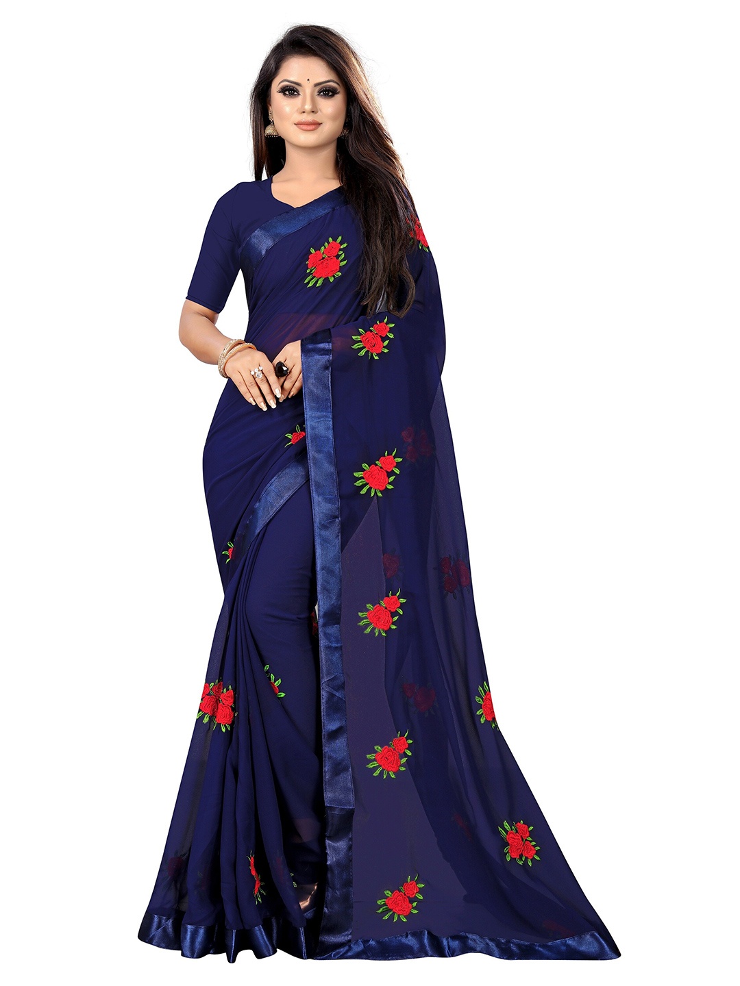 

JSItaliya Navy Blue & Red Floral Patchwork Pure Georgette Saree
