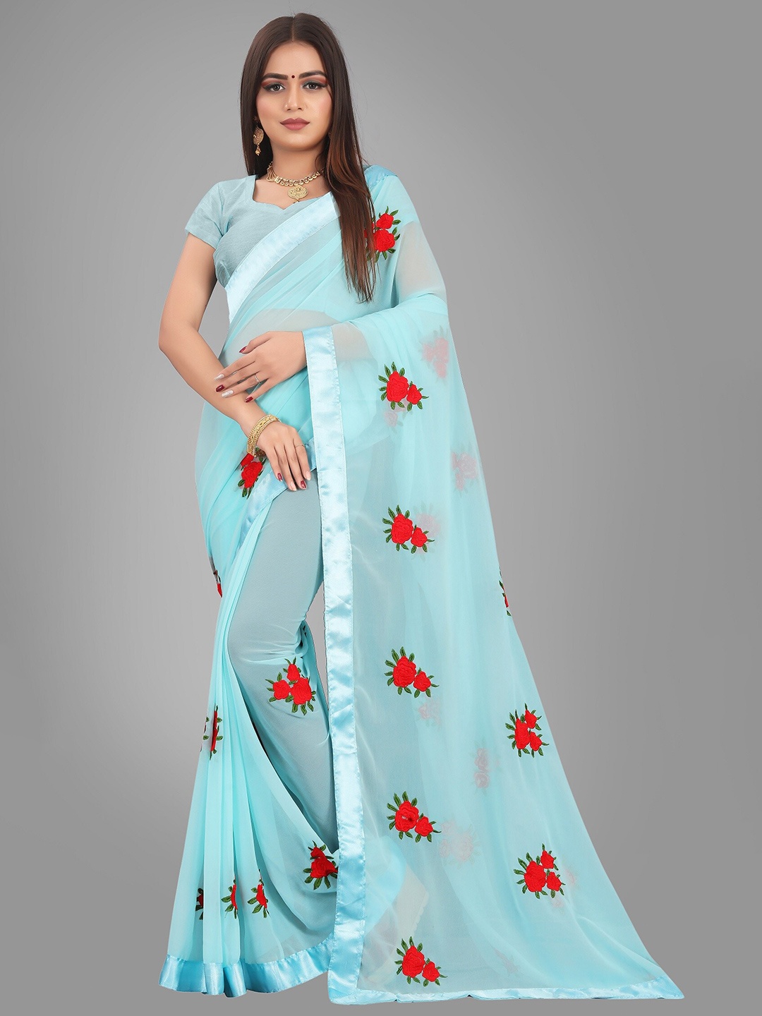 

JSItaliya Blue & Red Floral Patchwork Pure Georgette Saree
