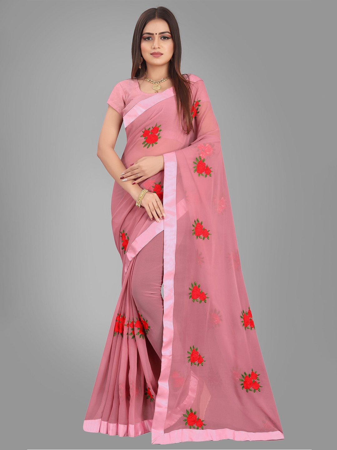 

JSItaliya Pink & Red Floral Patchwork Pure Georgette Saree