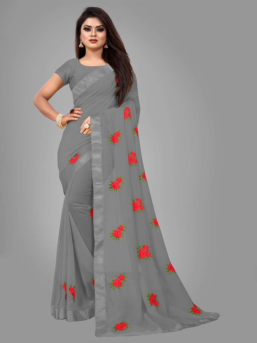 

JSItaliya Grey & Red Floral Patchwork Pure Georgette Saree