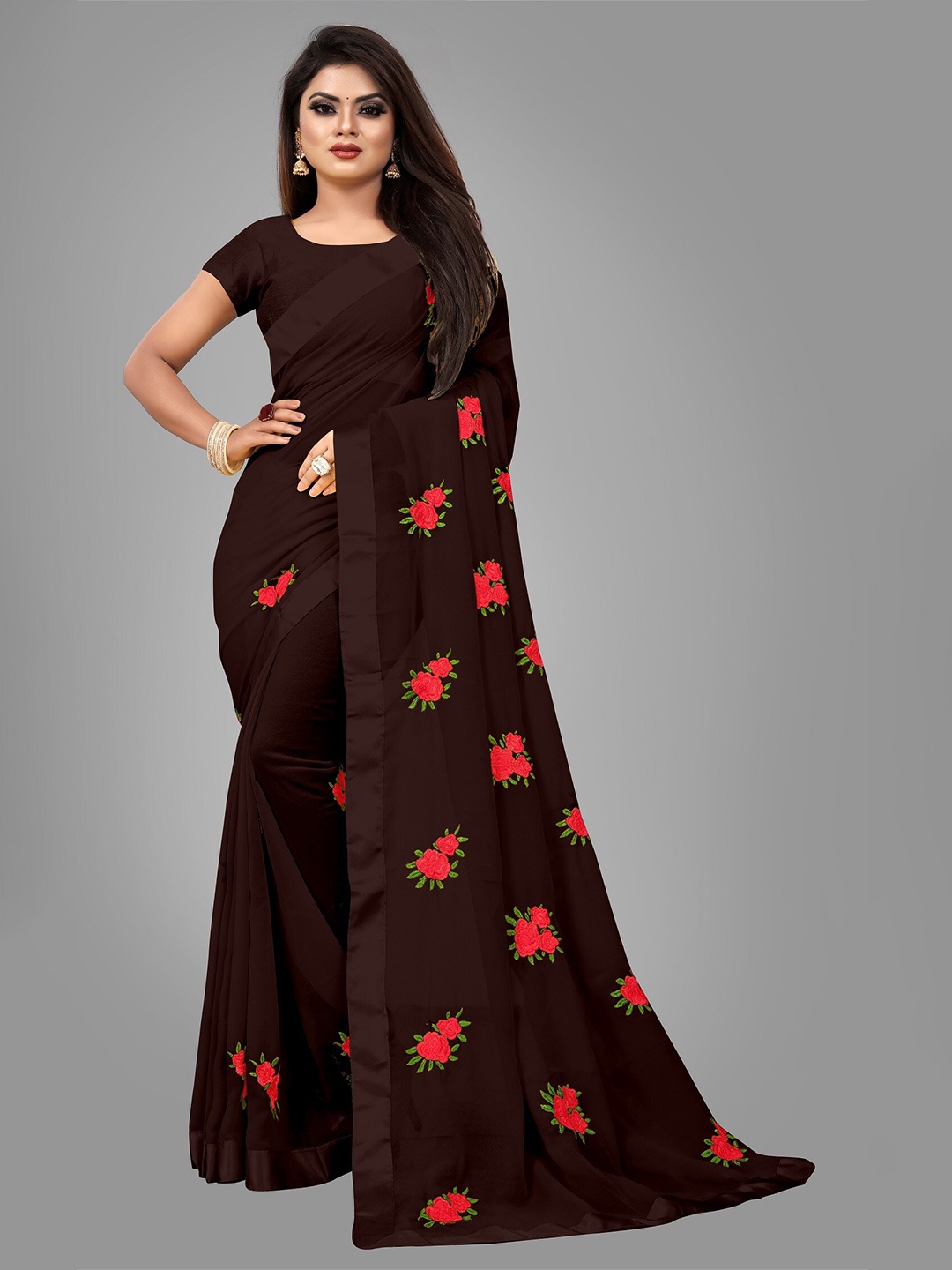 

JSItaliya Coffee Brown & Red Floral Pure Georgette Saree