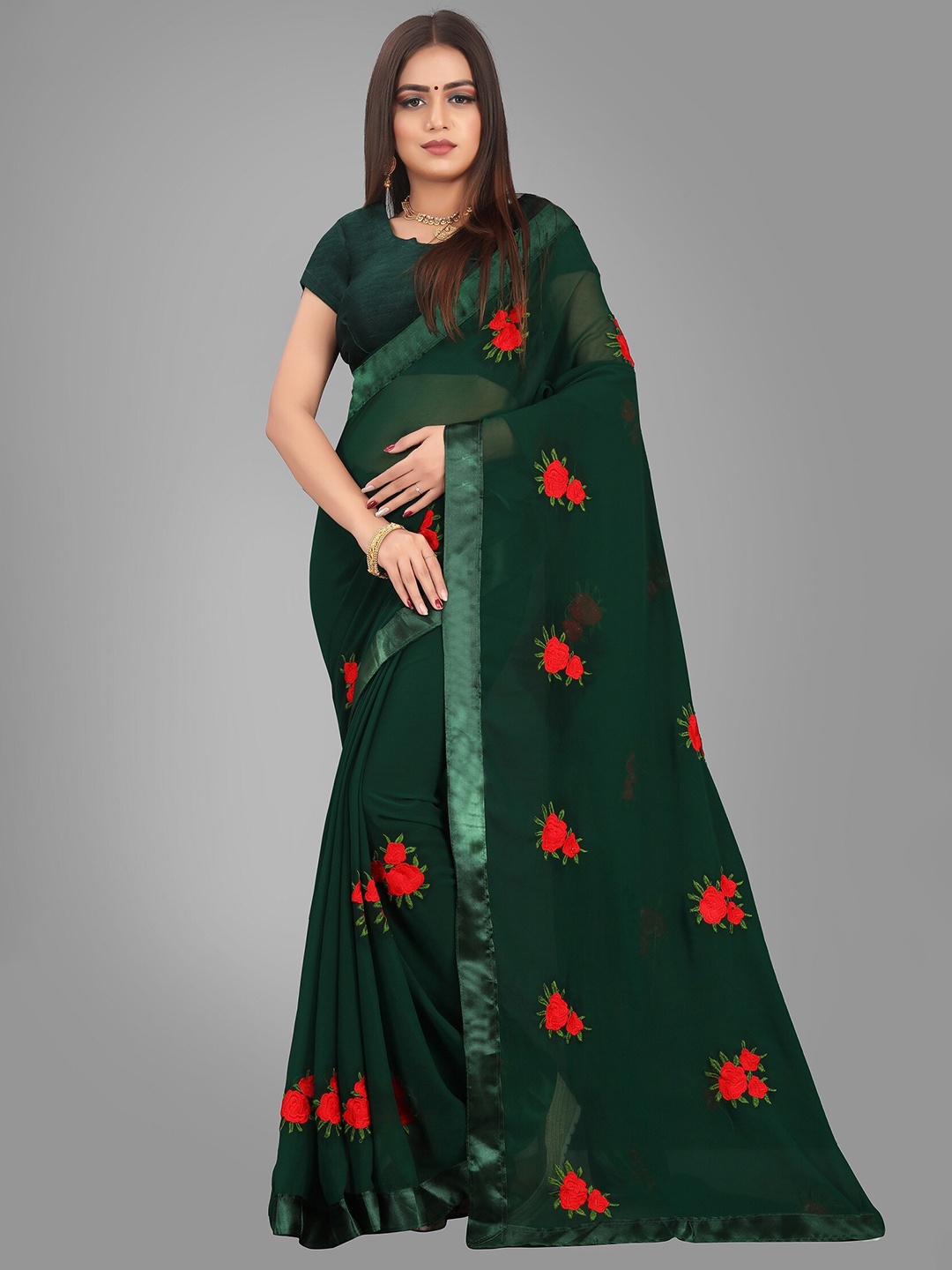 

JSItaliya Green & Red Floral Pure Georgette Saree
