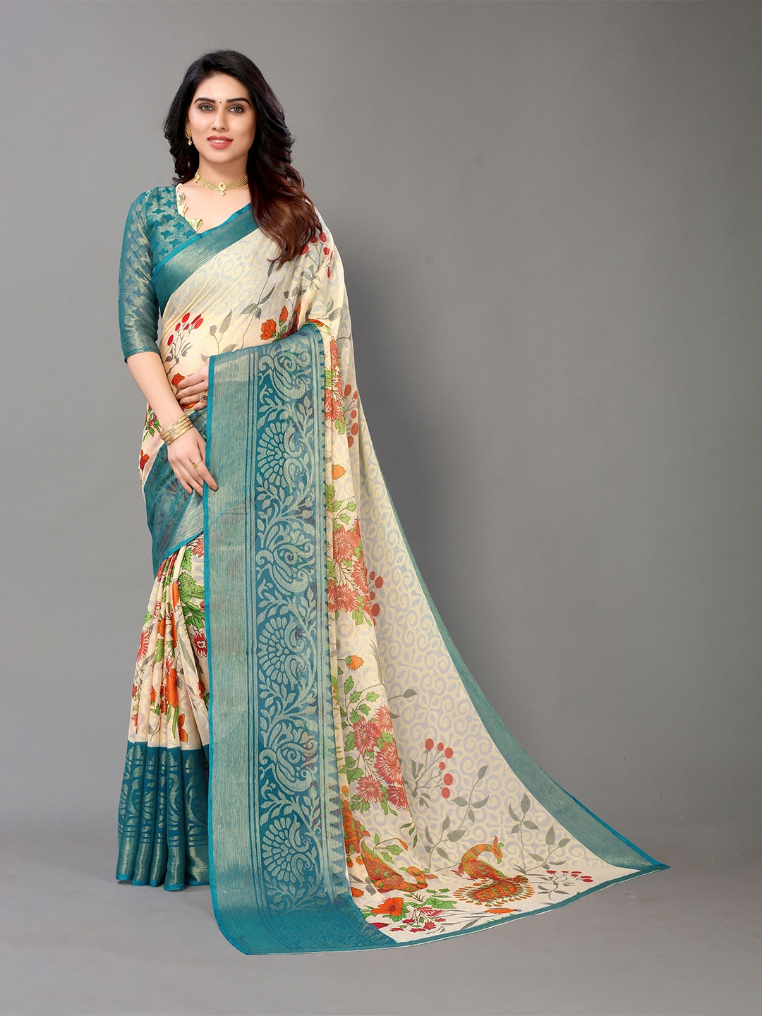 

Winza Designer Sea Green & Cream-Coloured Floral Zari Pure Chiffon Venkatgiri Saree
