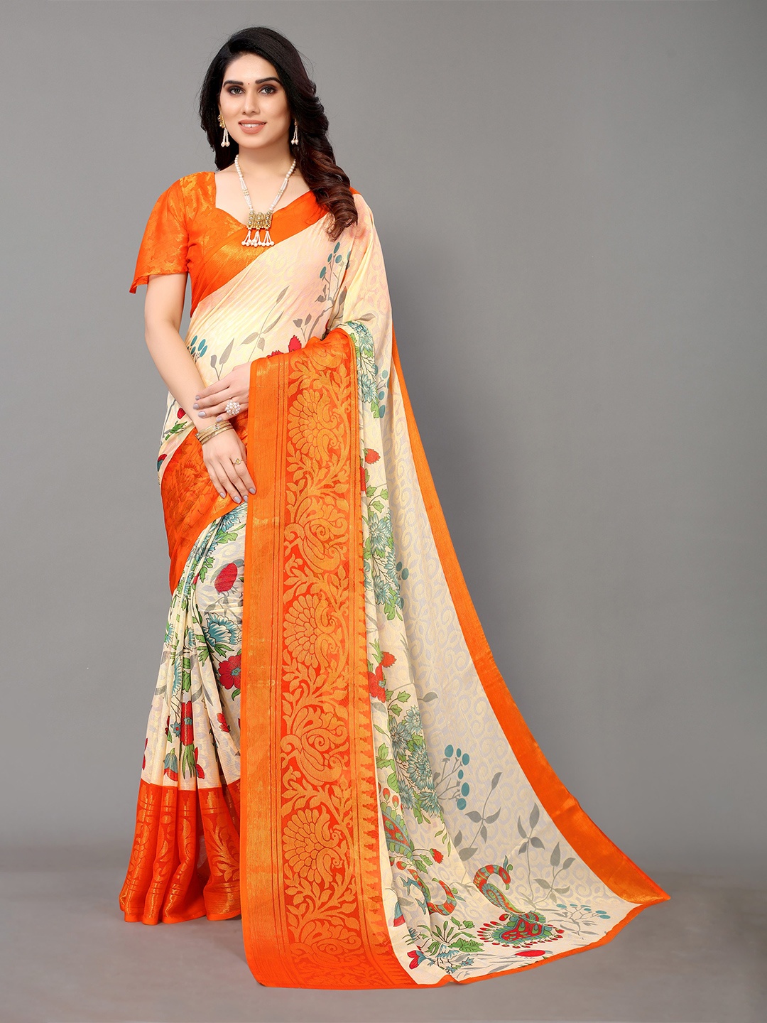 

Winza Designer Orange & Gold-Toned Floral Printed Zari Pure Chiffon Venkatgiri Saree