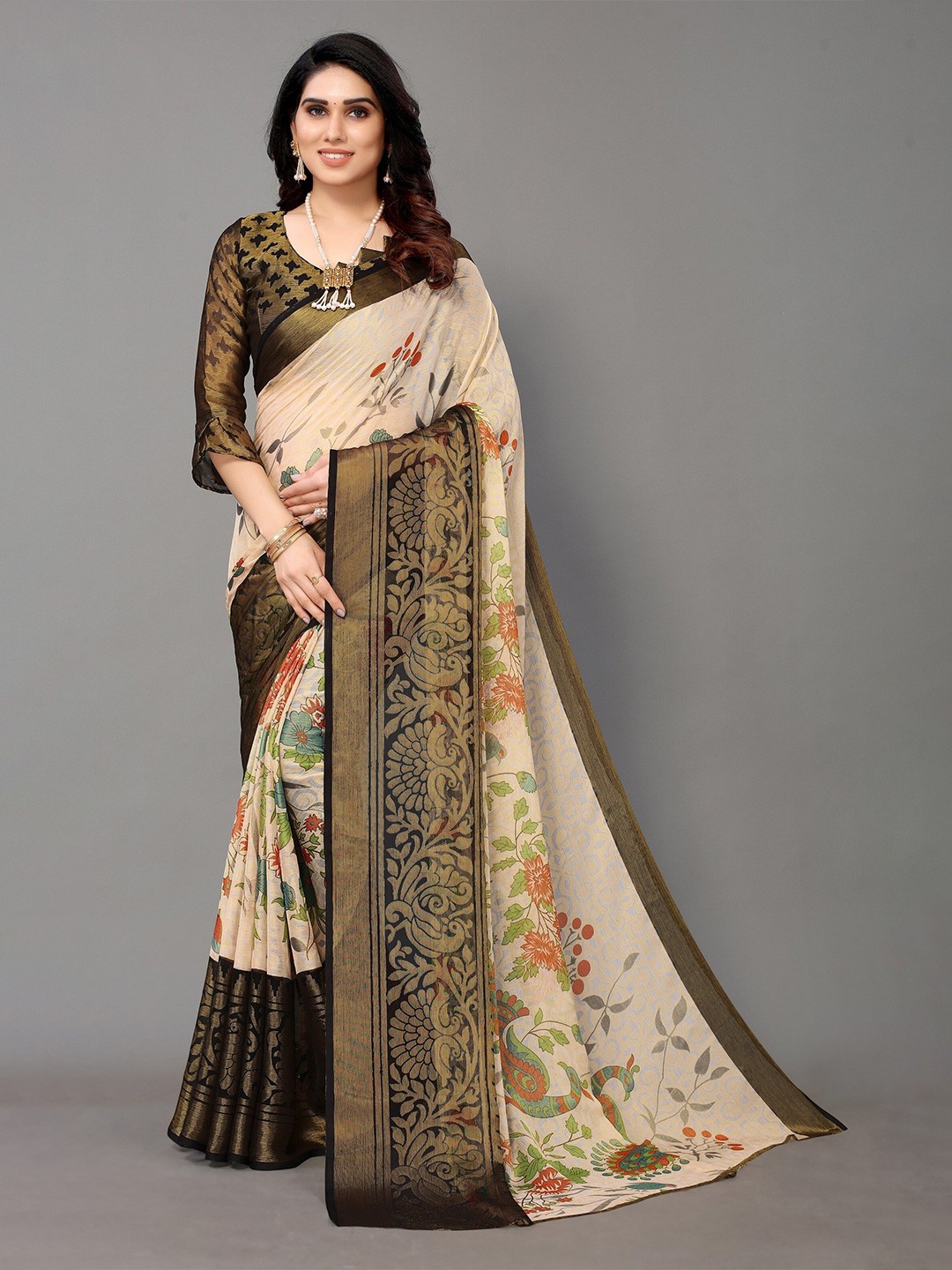 

Winza Designer Black & Cream-Coloured Floral Zari Pure Chiffon Venkatgiri Saree