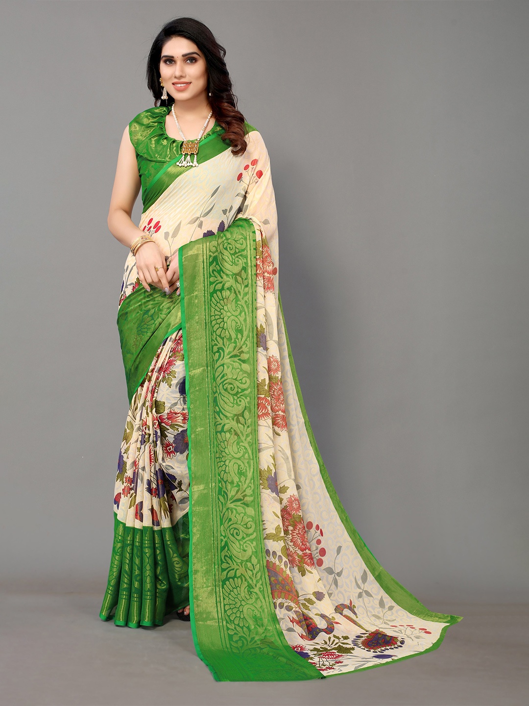 

Winza Designer Green & Cream-Coloured Floral Zari Pure Chiffon Venkatgiri Saree