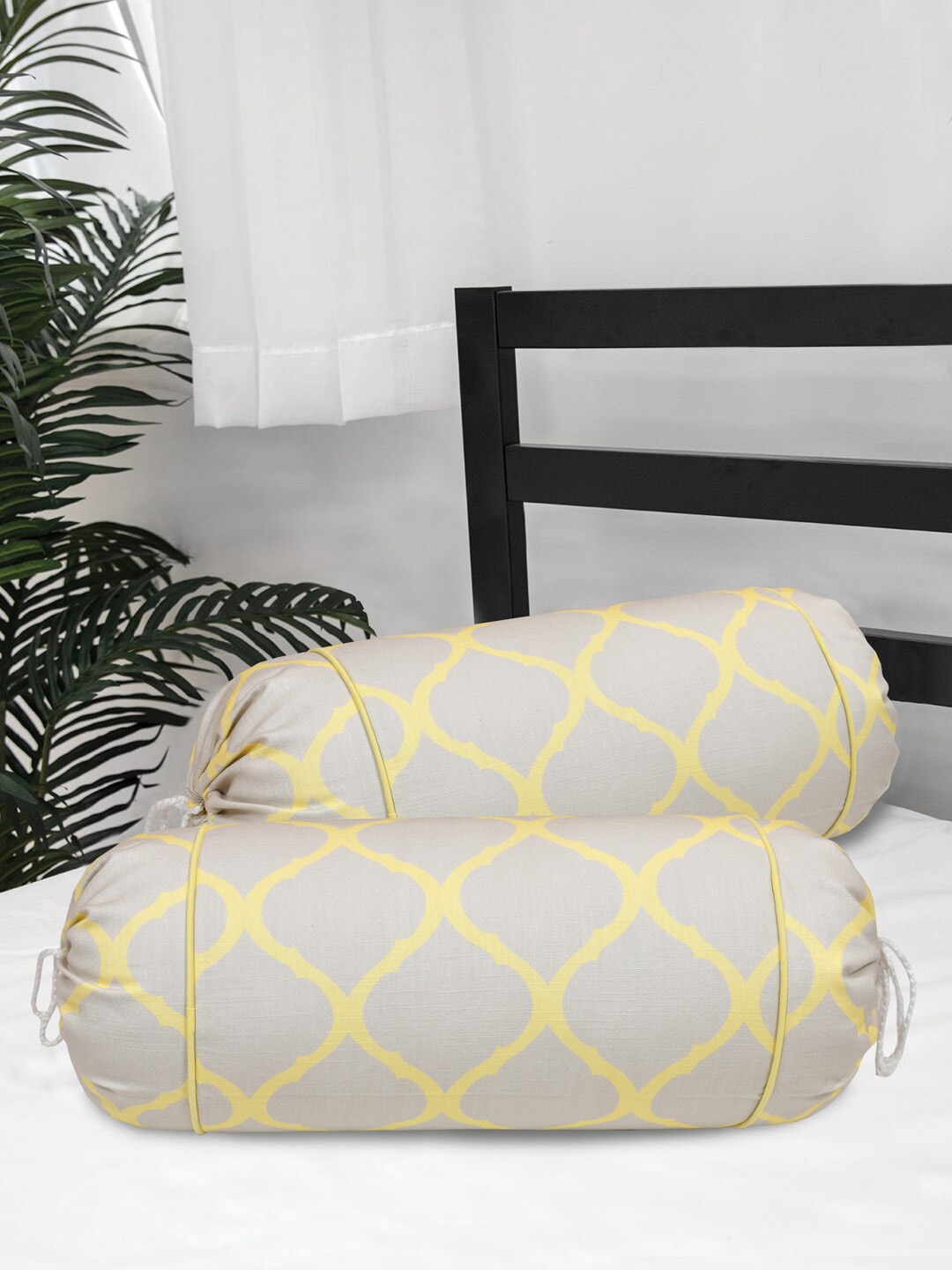 

Clasiko Set Of 2 Yellow & Beige Printed 220 TC Cotton Bolster Covers