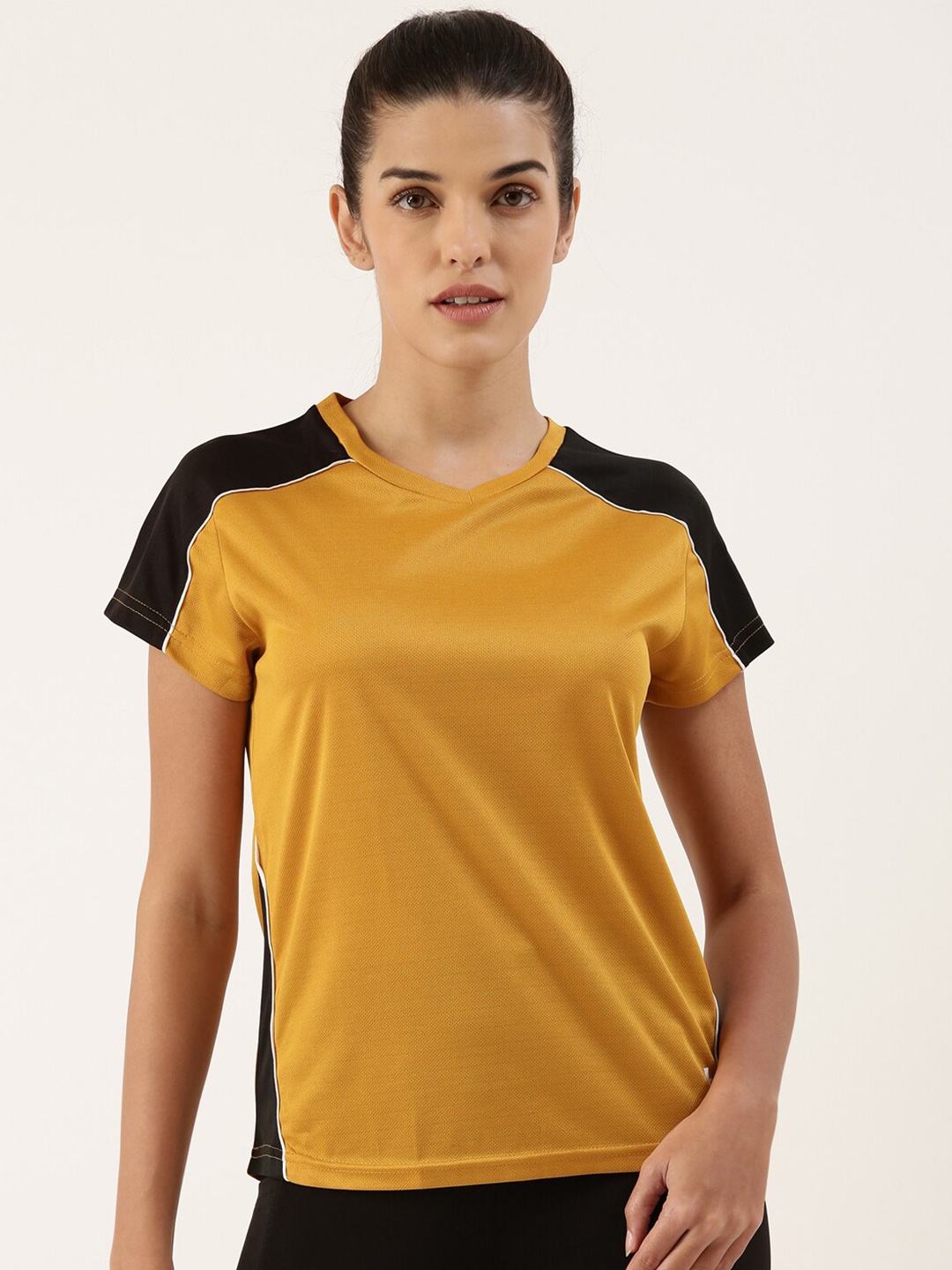 

Bannos Swagger Women Yellow & Black Extended Sleeves Anti Static Loose T-shirt