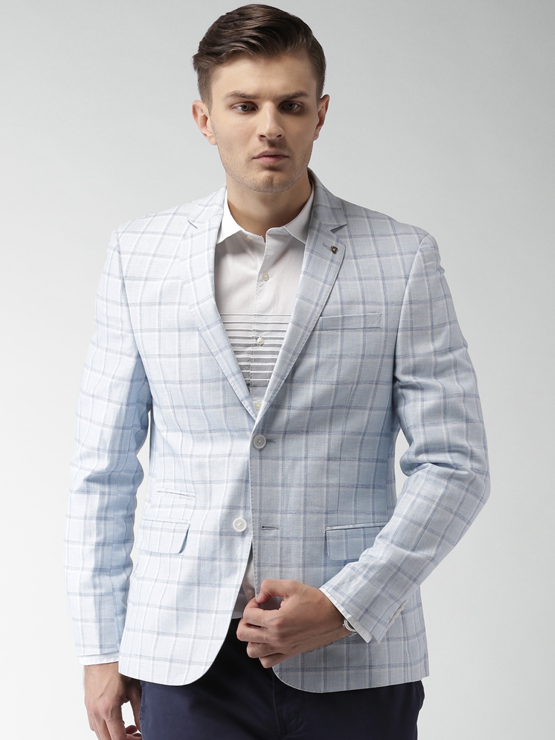 

INVICTUS Blue & White Checked Slim Fit Single-Breasted Blazer