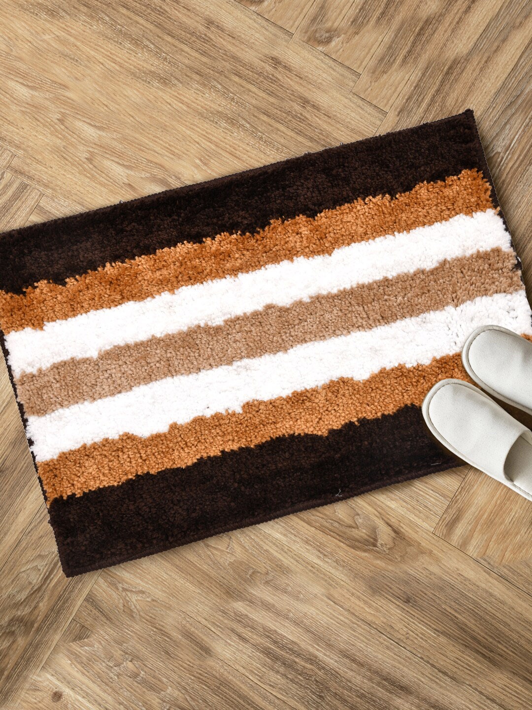 

Clasiko Coffee Brown & White Striped Rectangular Anti-Skid Doormat