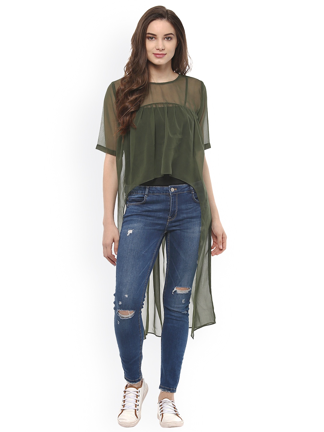 

Pannkh Women Olive Green Sheer High-Low Top