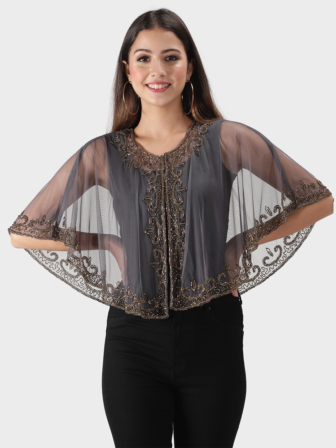 

DEBONATELLA Women Grey & Gold-Toned Printed Embellished Crop Shrug