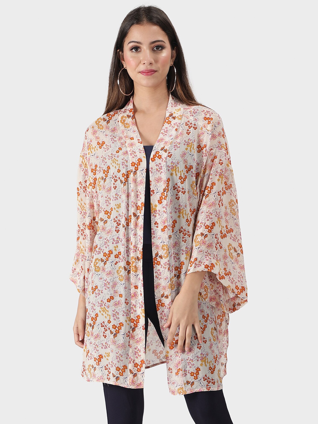 

DEBONATELLA Women Peach-Coloured & Pink Printed Longline Shrug