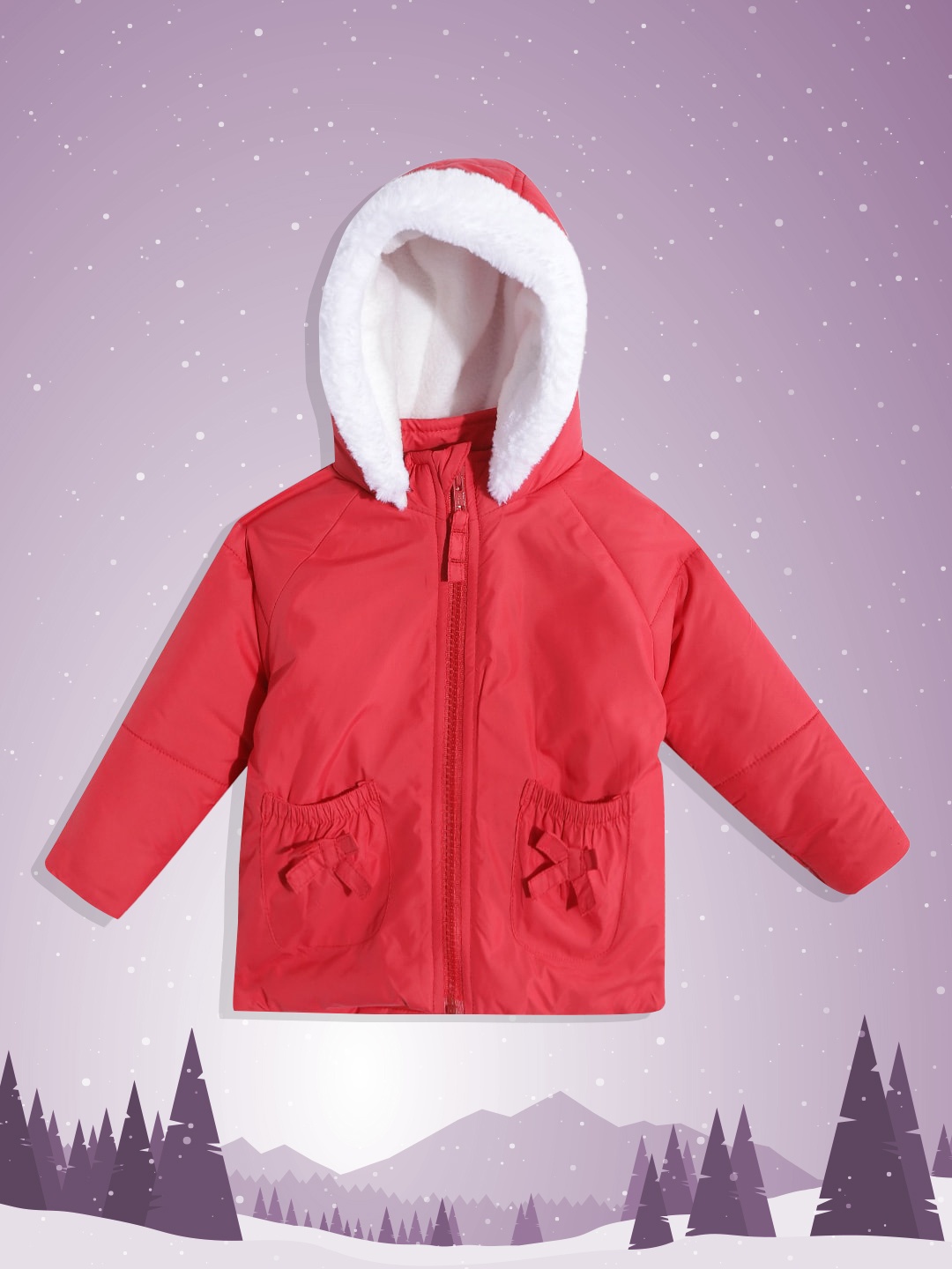 

Miss & Chief Girls Red & White Solid Padded Bow Detail Hooded Parka Jacket
