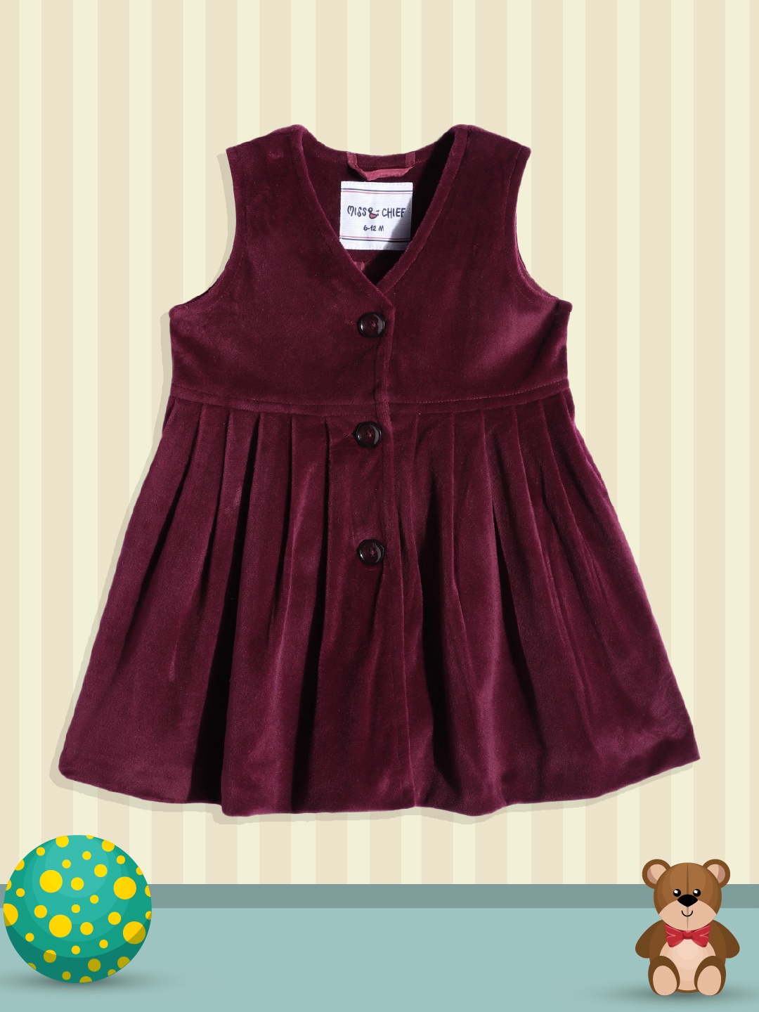 

Miss & Chief Girls Maroon Solid Sleeveless A-Line Velvet Dress