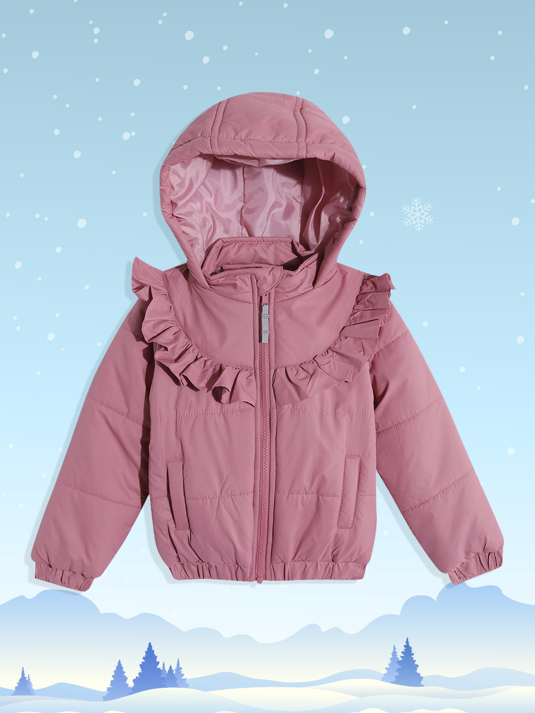 

Miss & Chief Girls Mauve Solid Ruffled Hooded Padded Jacket