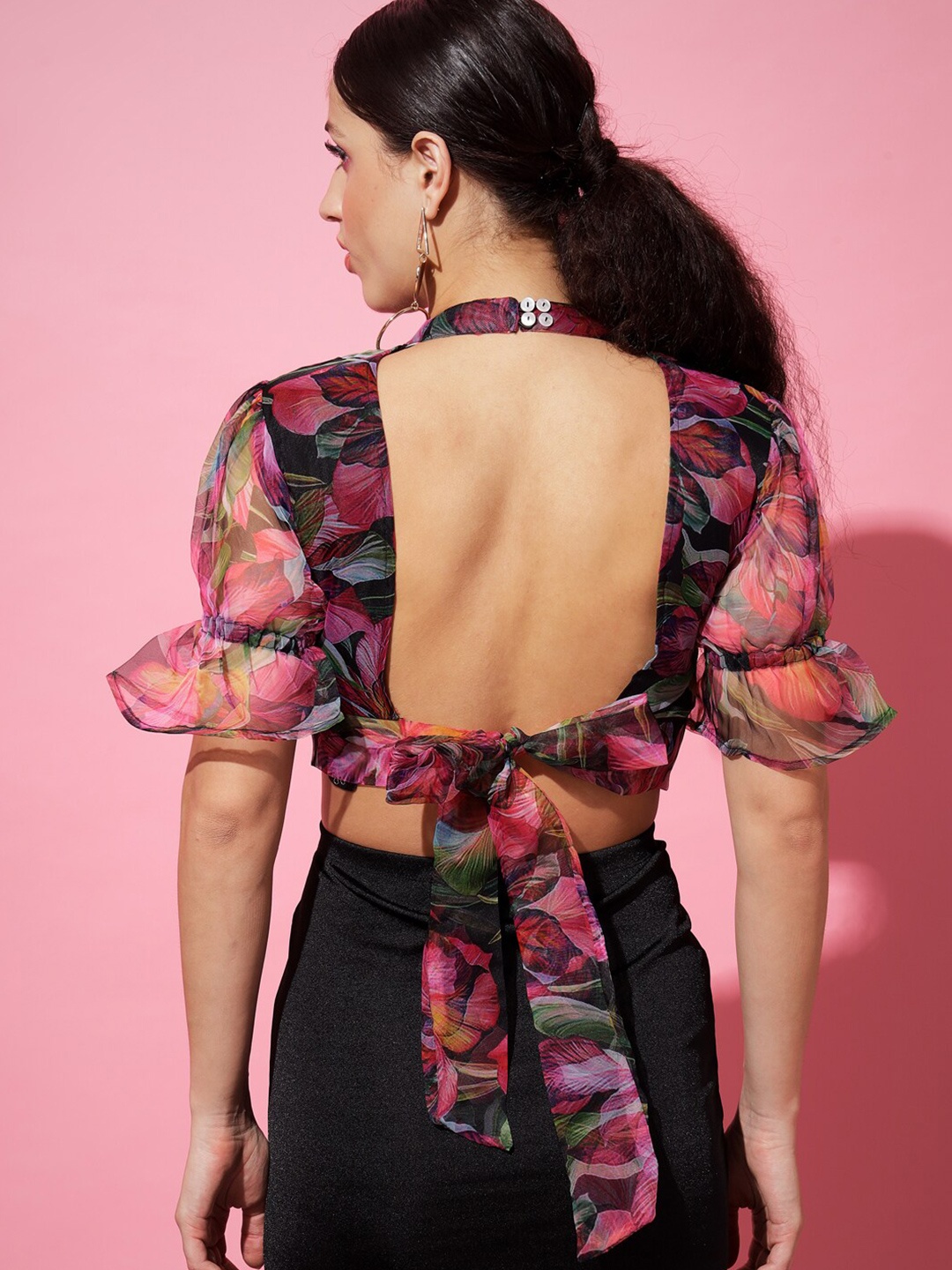 

The Dry State Black & Pink Floral Print Sheer Crop Top