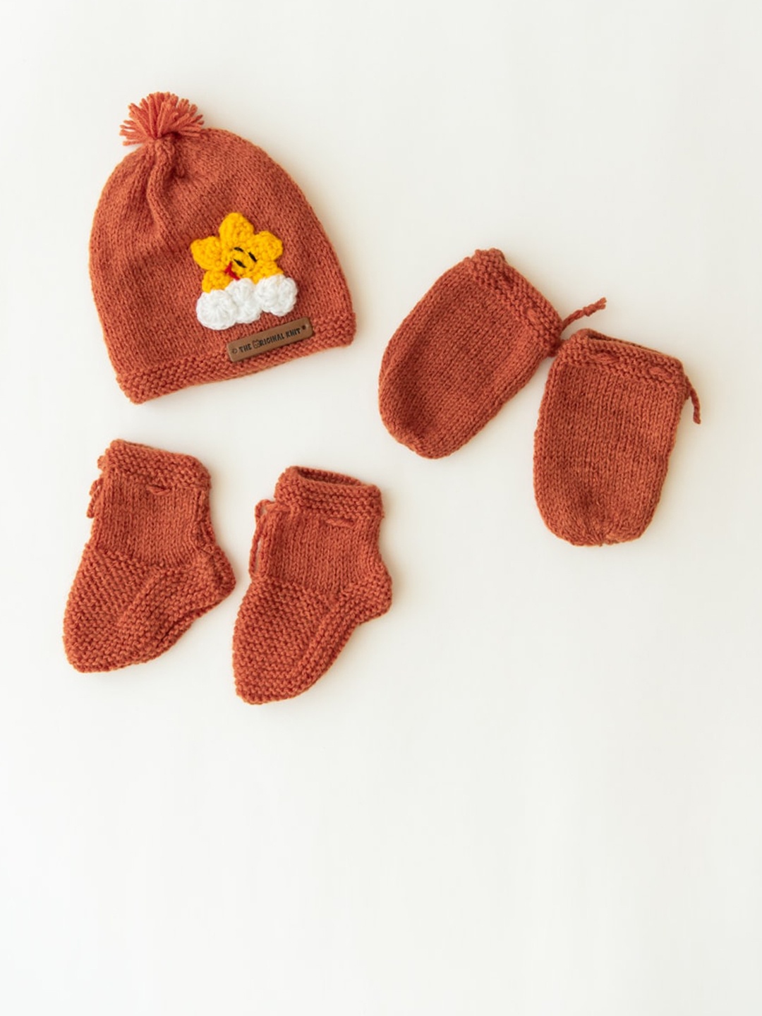 

The Original Knit Unisex Kids Brown & White Embroidered Beanie With Socks & Mittens.
