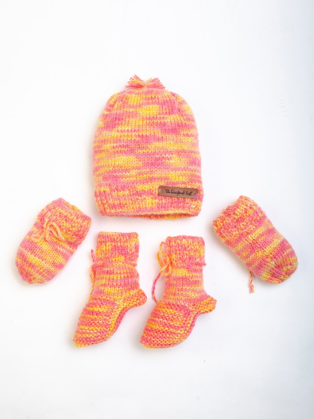 

The Original Knit Unisex Kids Pack Of 3 Orange & Pink Knitted Cap & Socks Mittens