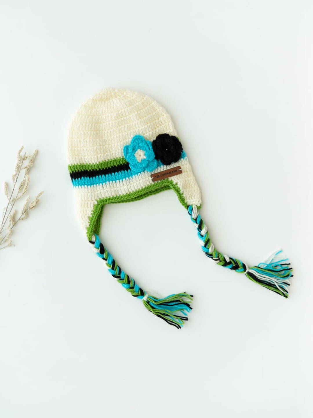 

The Original Knit Unisex Kids Cream-Coloured & Green Embroidered Beanie