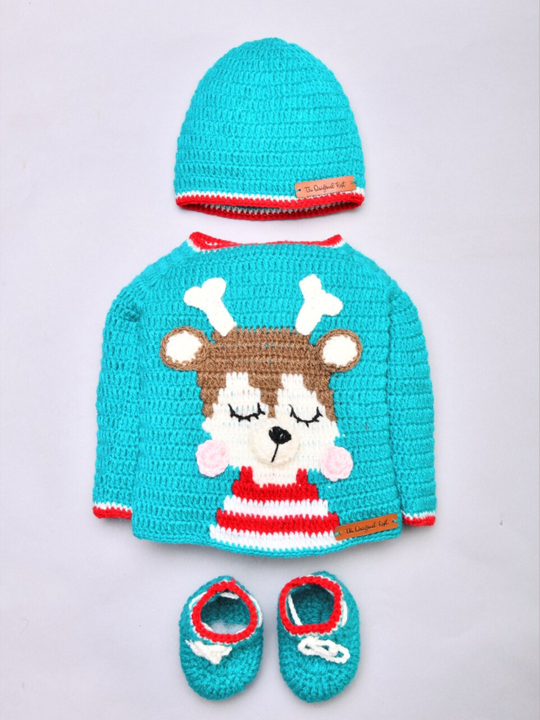 

The Original Knit Kids Turquoise Blue & Red Self Designed Acrylic Pullover