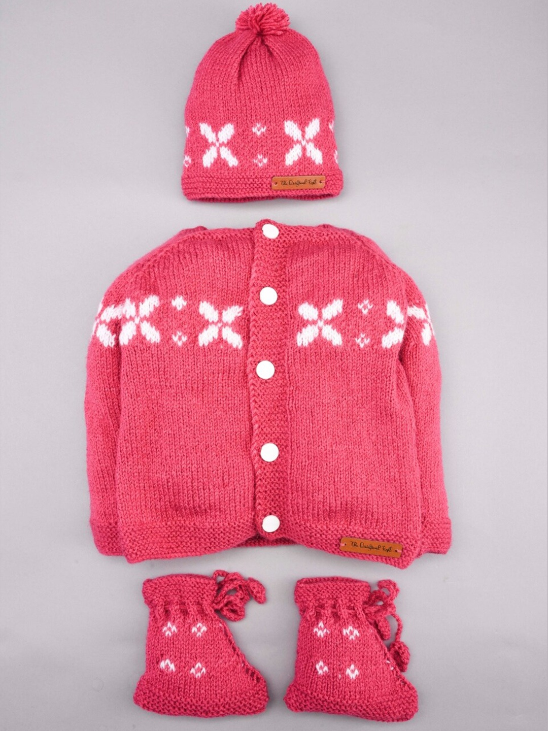 

The Original Knit Set Of 3 Girls Pink & White Floral Printed Cardigan Booties & Cap