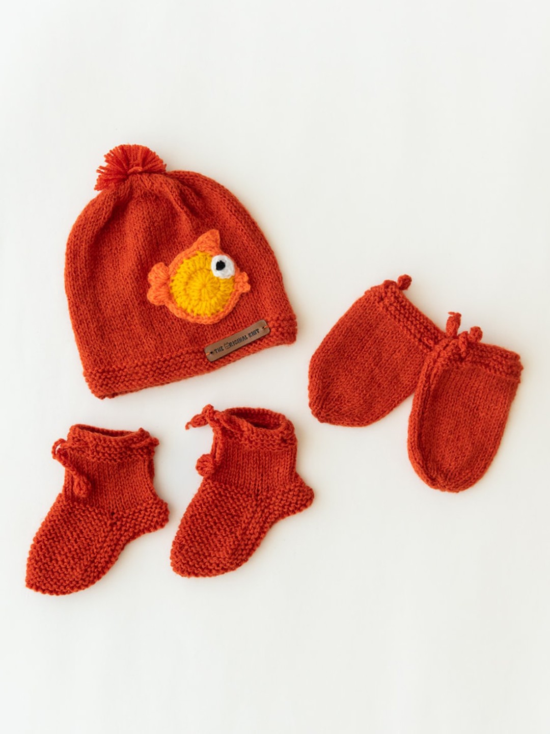 

The Original Knit Kids Rust & Yellow Beanie with Socks & Mitten