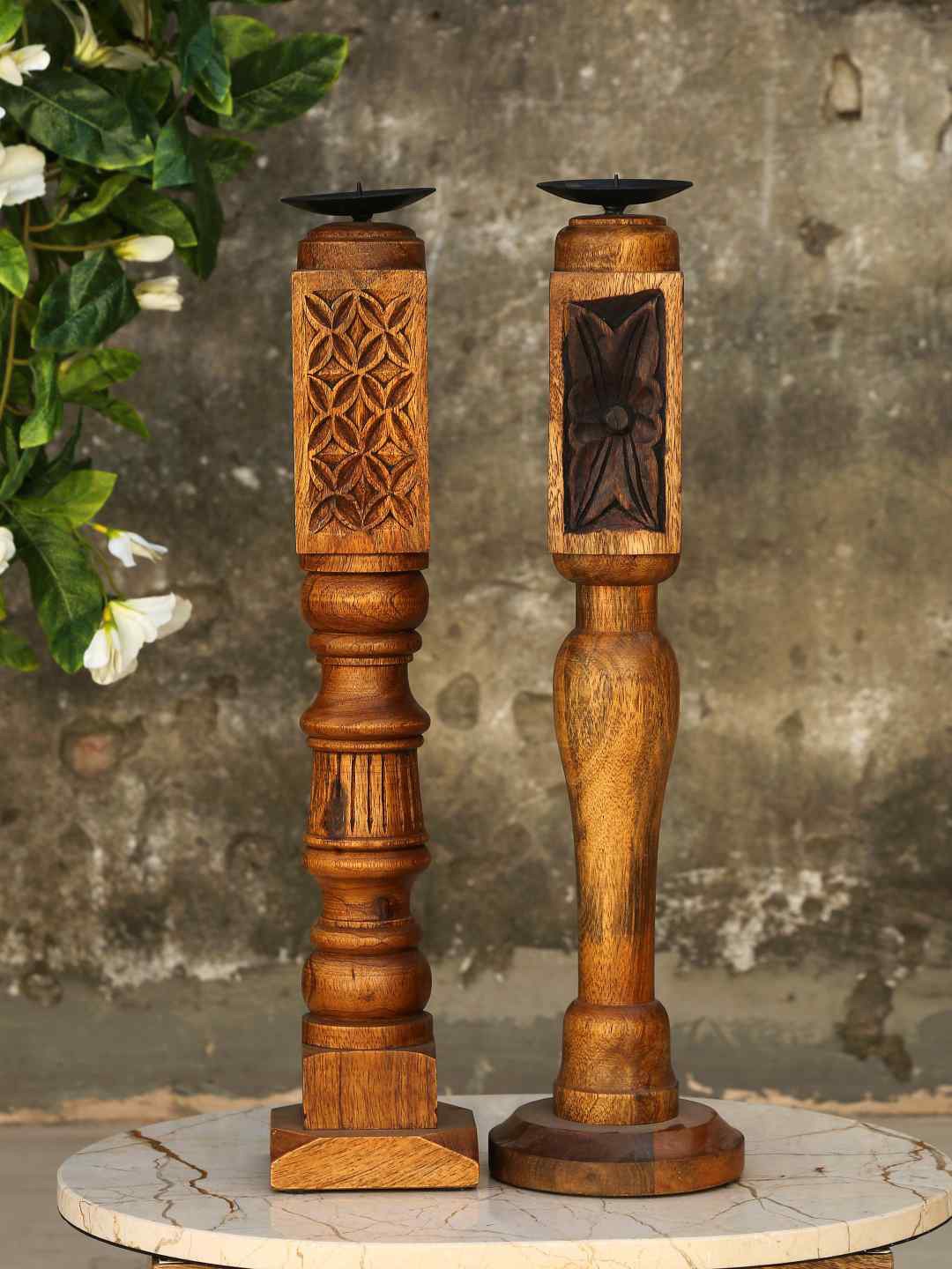 

Amoliconcepts Brown Textured Mango Wood Candle Holders