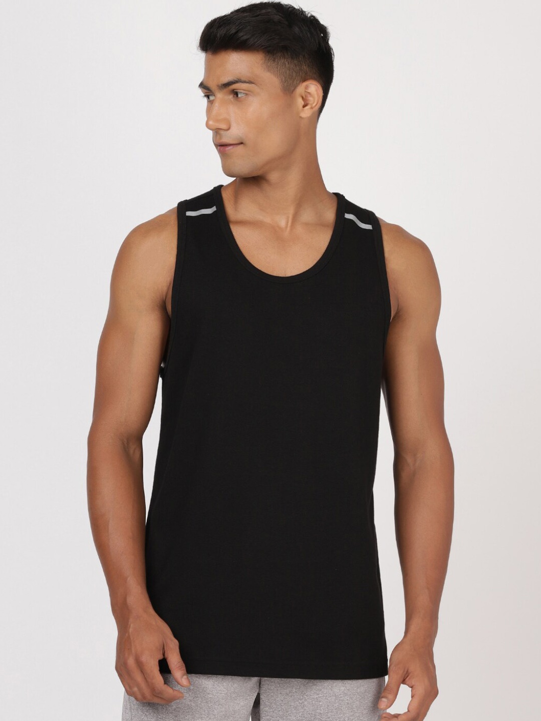 

Jockey Men Black Solid Cotton Innerwear Tank Vest