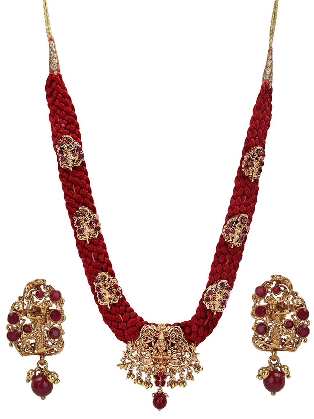 

Runjhun Gold-Plated & Maroon Kundan Studded & Beaded Jewellery Set