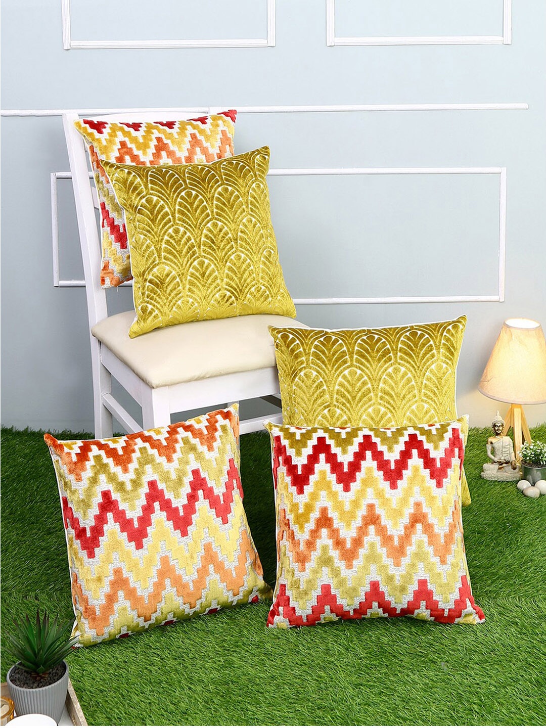 

Just Home Red & Green Set of 5 Abstract Square Cushion Covers