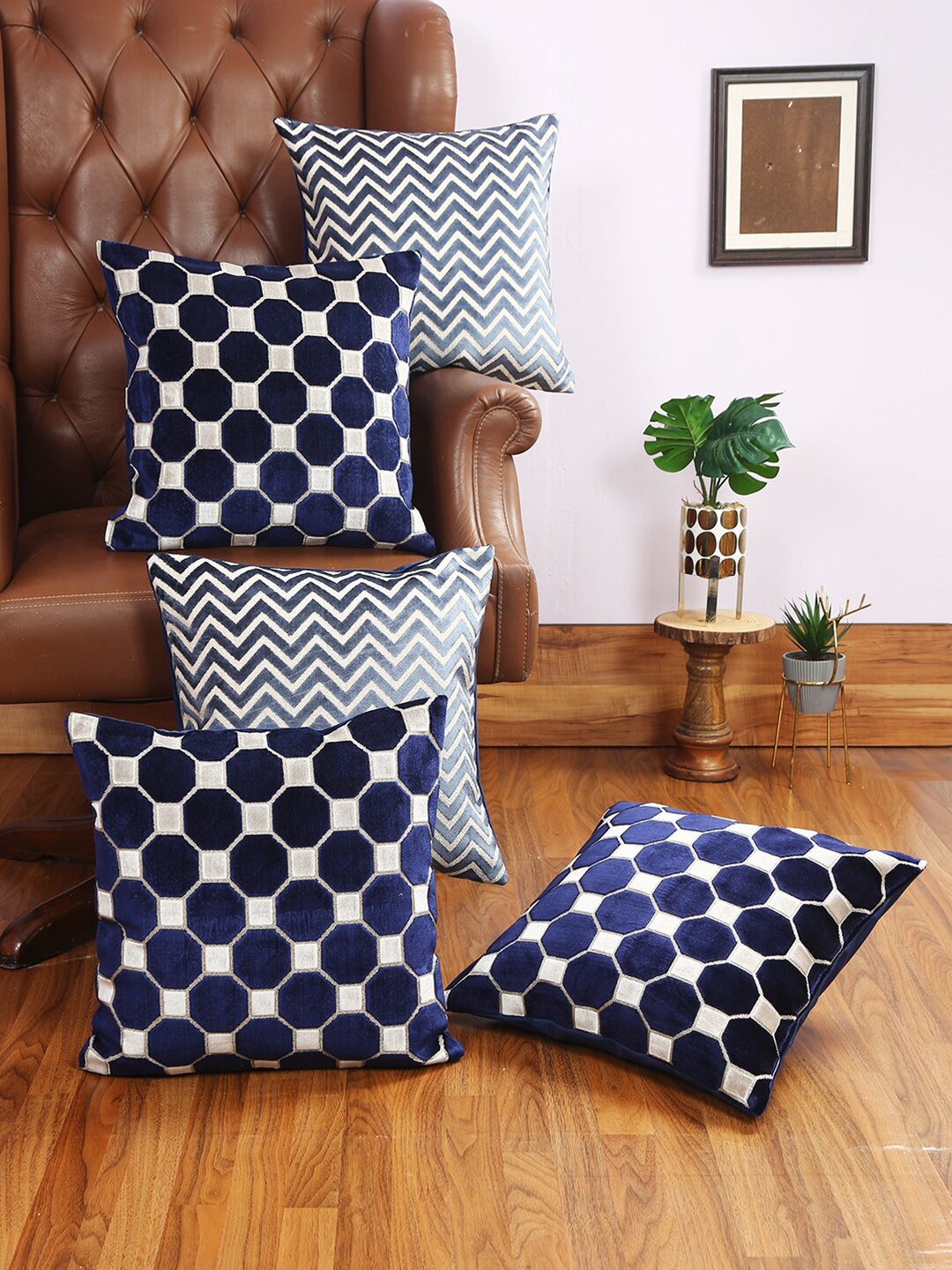 

Just Home Navy Blue Set of 5 Geometric Square Cushion Covers