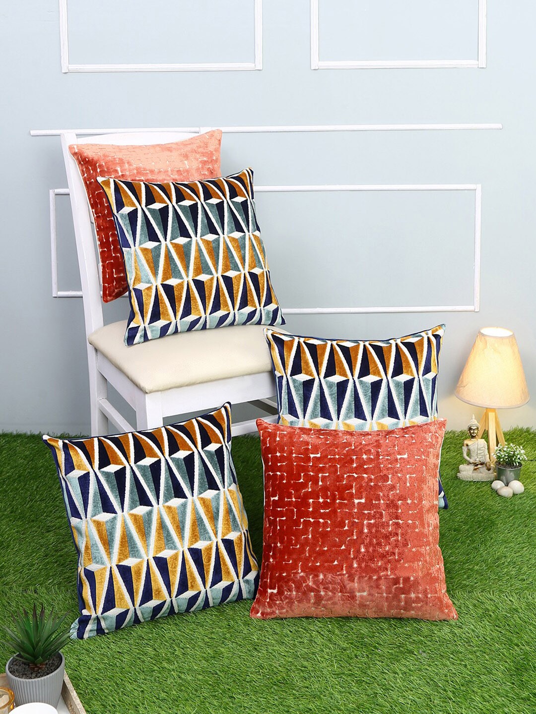 

Just Home Red & Blue Set of 5 Geometric Square Cushion Covers