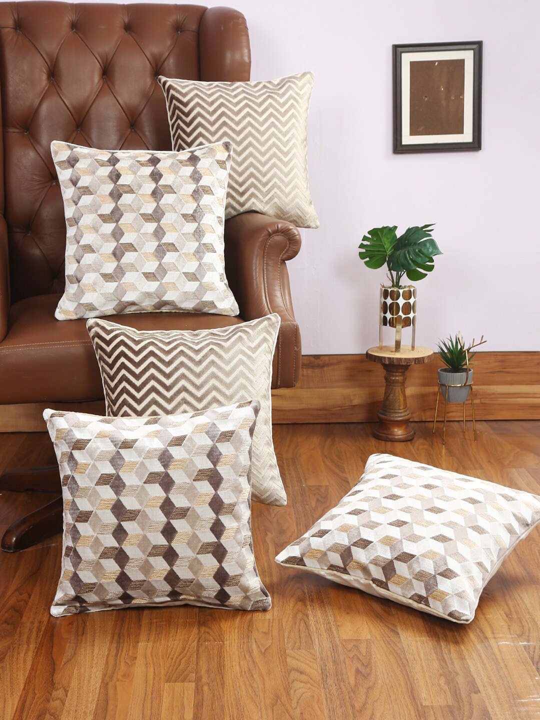 

Just Home Beige Set of 5 Geometric Velvet Square Cushion Covers