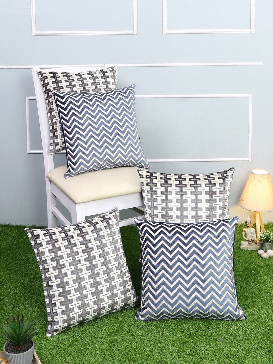 

Just Home Brown Set of 5 Geometric Square Cushion Covers