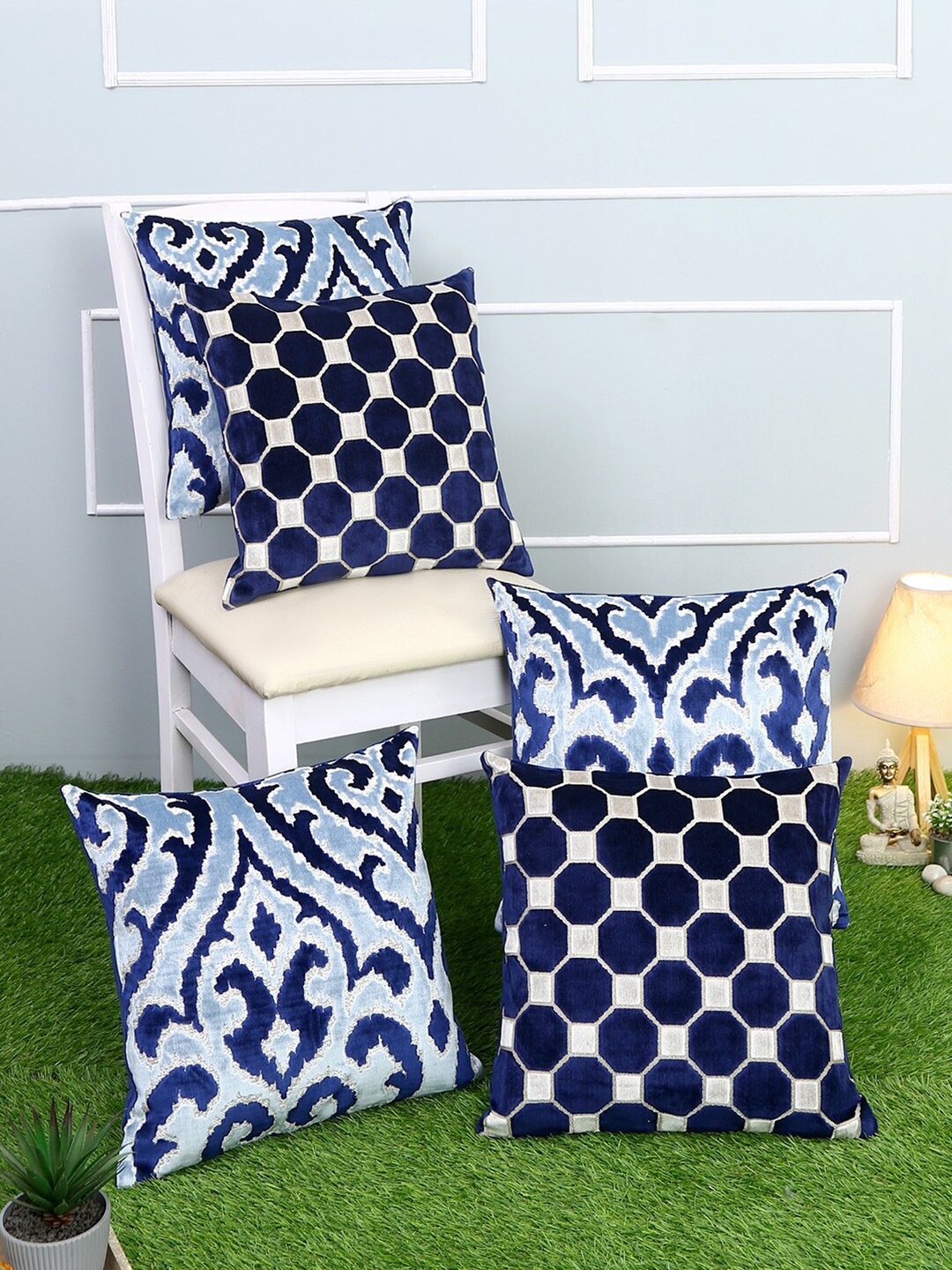 

Just Home Navy Blue & Blue Set of 5 Ethnic Motifs Square Cushion Covers