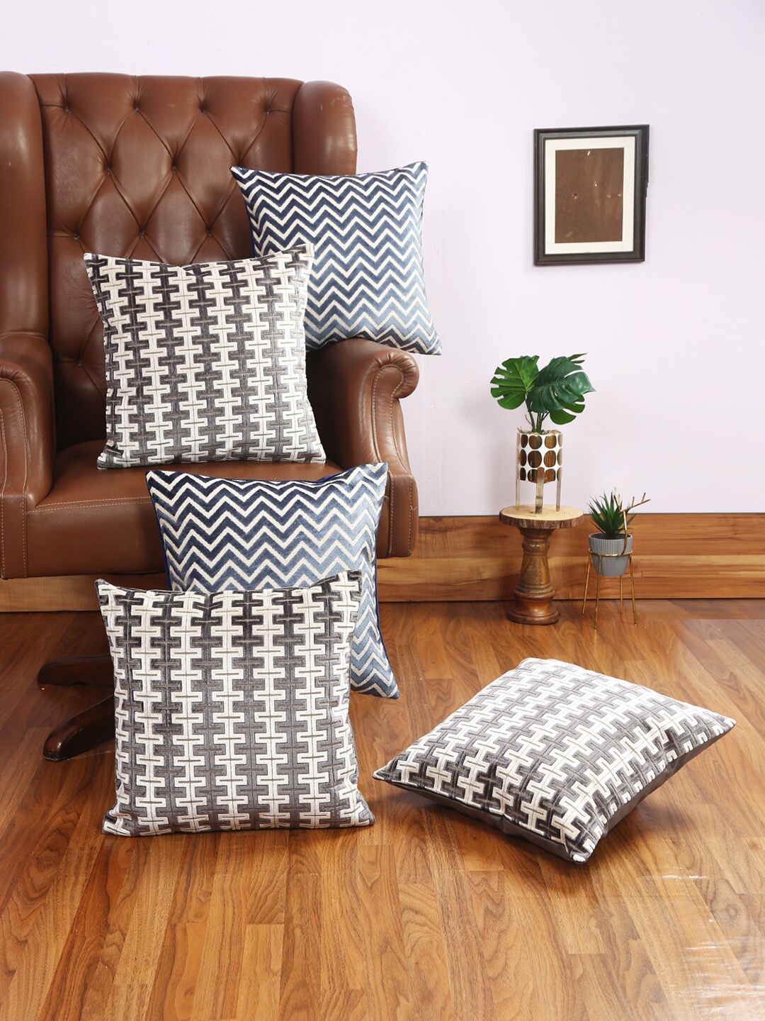 

Just Home Beige & Navy Blue Set of 5 Geometric Square Cushion Covers