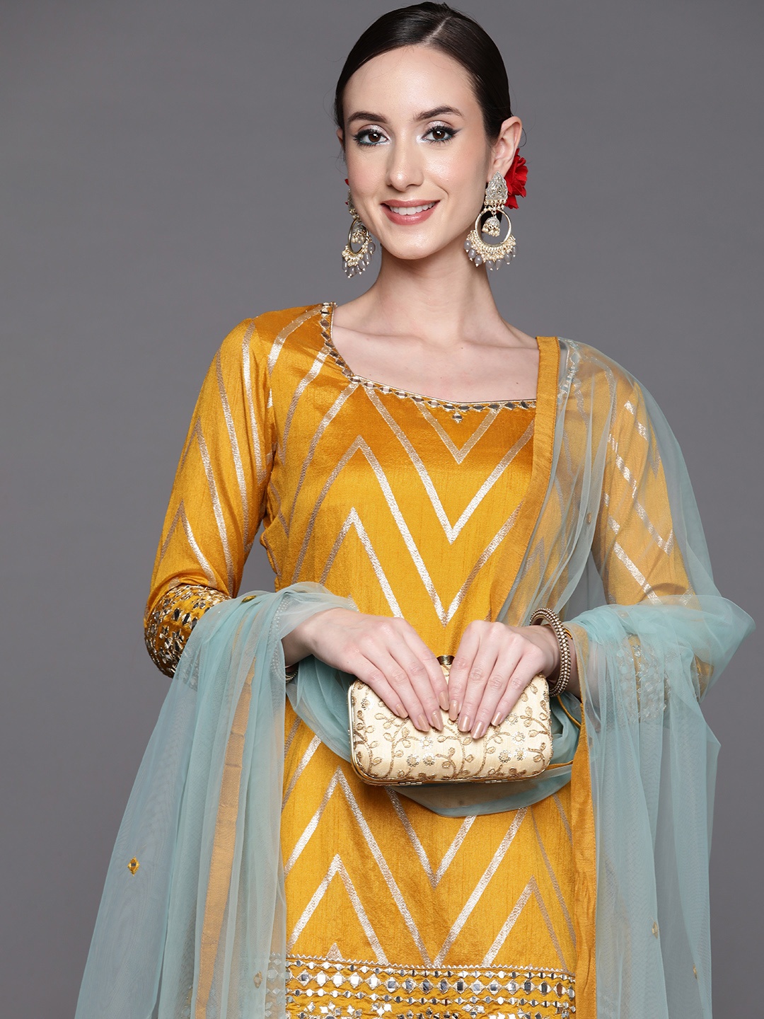 

Inddus Women Mustard Yellow Mirror Work Kurta with Sharara & With Dupatta