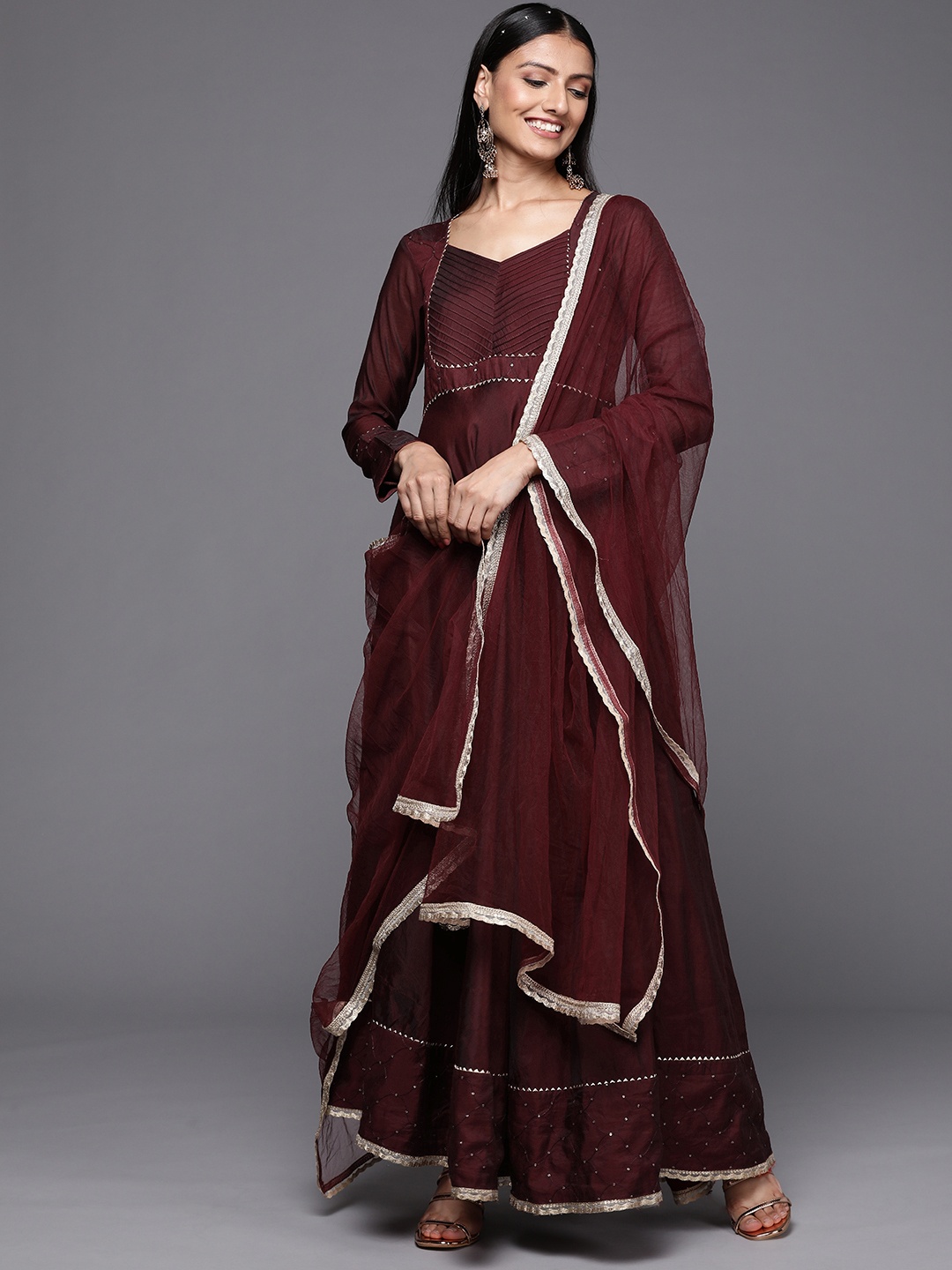 

Inddus Women Maroon Embroidered Anarkali Kurta